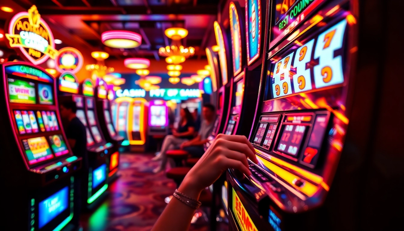 Engaged player interacting with colorful slot machines in a vibrant casino atmosphere