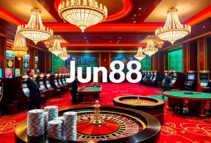 Experience the excitement of gambling at Jun88 with vibrant casino visuals featuring roulette, cards, and chips.