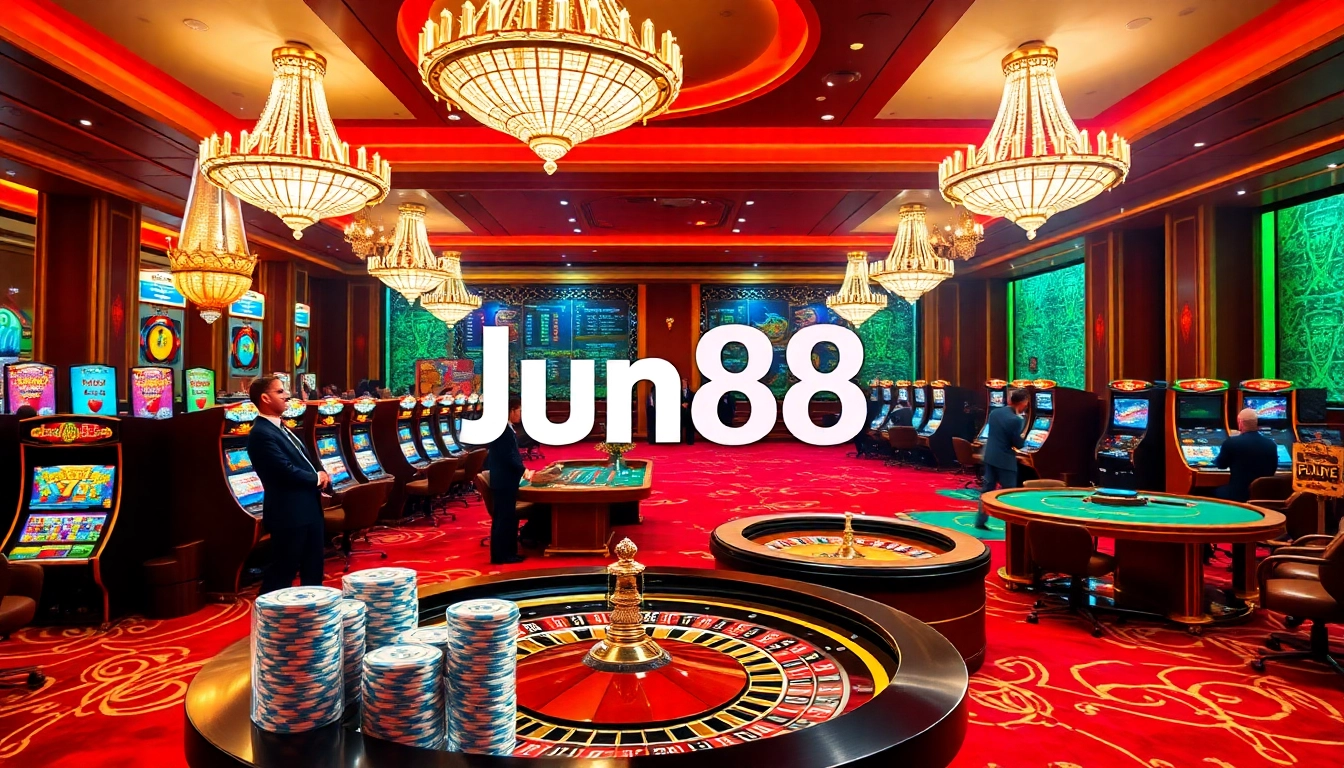 Experience the excitement of gambling at Jun88 with vibrant casino visuals featuring roulette, cards, and chips.