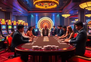 Engaging scene of KP88 casino with vibrant slot machines, colorful chips, and a roulette wheel.