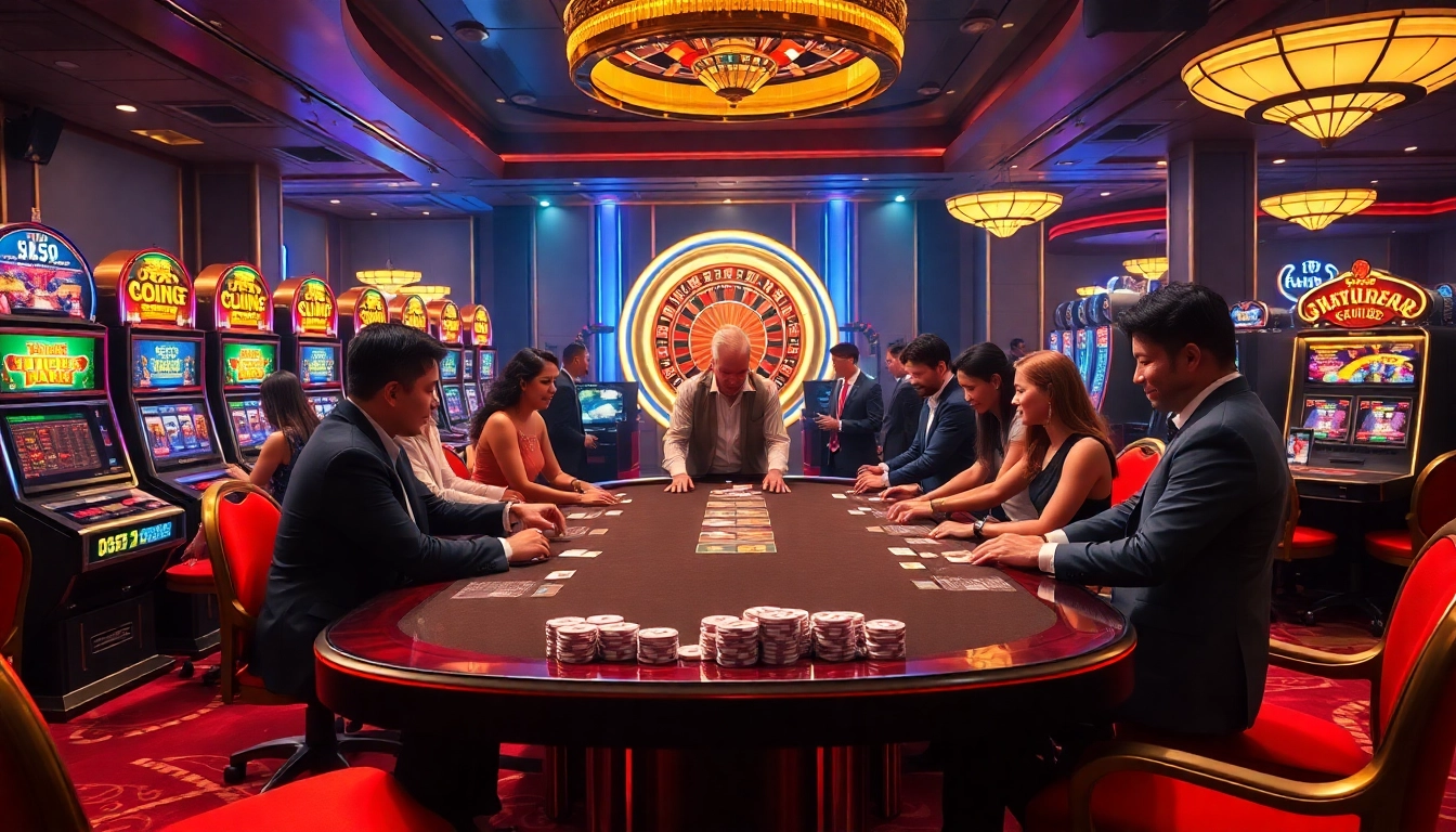 Engaging scene of KP88 casino with vibrant slot machines, colorful chips, and a roulette wheel.