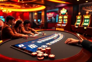 Experience the excitement of online gambling on https://11win.black/ with a luxurious casino scene showcasing poker, roulette, and digital interfaces.