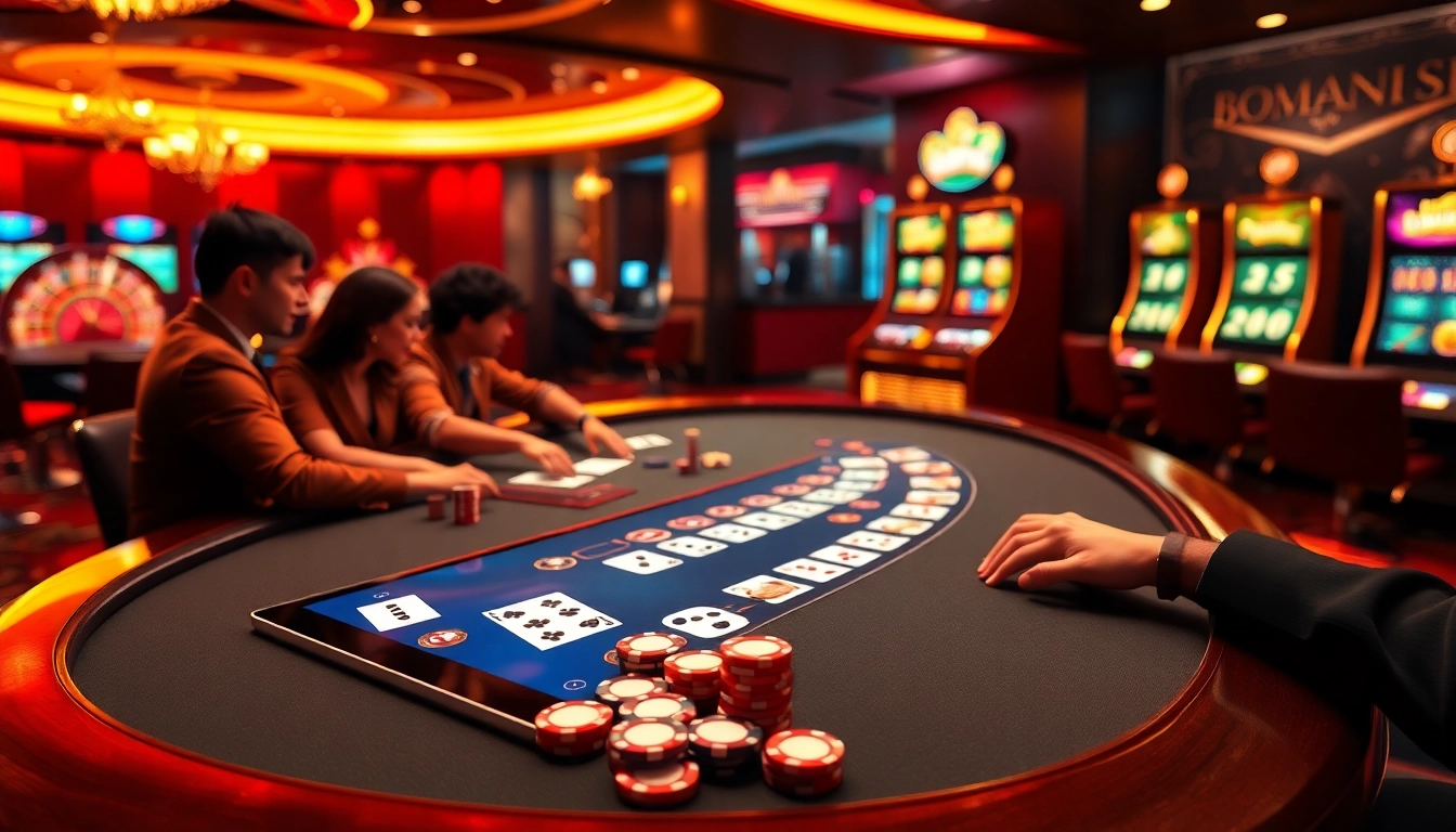 Experience the excitement of online gambling on https://11win.black/ with a luxurious casino scene showcasing poker, roulette, and digital interfaces.
