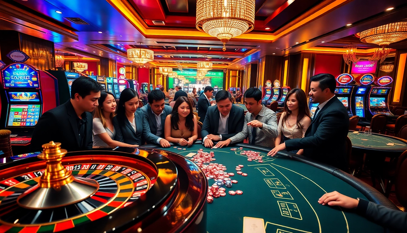 Players winning at loto188.gb.net with vibrant casino tables and engaging slot machines.