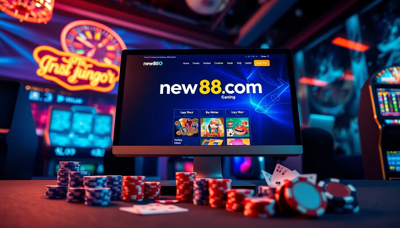 Engaging online gaming setup at new88go.com featuring poker chips and dynamic casino visuals.