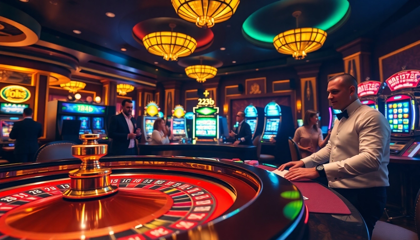 Experience thrilling gaming at 123b with poker cards and roulette in a luxurious casino setting.