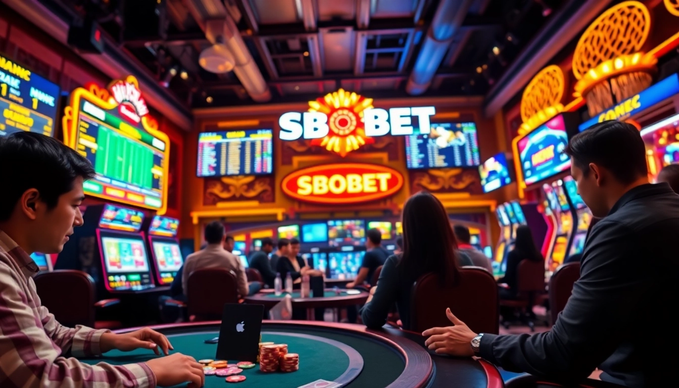 A lively online gambling scene showcasing sbobet.dance with players enjoying sports betting, poker, and live casino games.