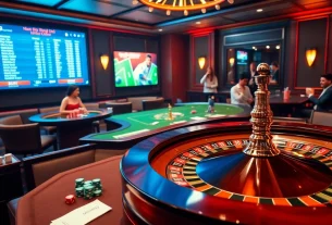 Engaging casino scene illustrating nhan dinh keo nha cai with betting tables, poker chips, and betting odds displays.