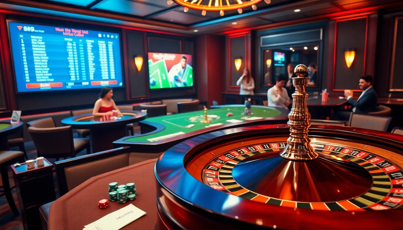 Engaging casino scene illustrating nhan dinh keo nha cai with betting tables, poker chips, and betting odds displays.