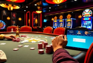 Players engaging in a thrilling game at a poker table with vibrant gambling elements from rikvip.gb.net.