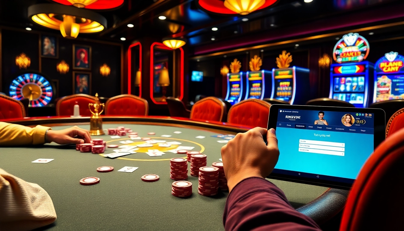 Players engaging in a thrilling game at a poker table with vibrant gambling elements from rikvip.gb.net.