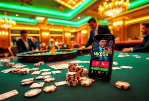 Engaging in a professional casino game at NK88 with vibrant tables and a roulette wheel.