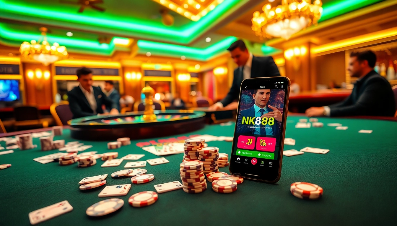 Engaging in a professional casino game at NK88 with vibrant tables and a roulette wheel.