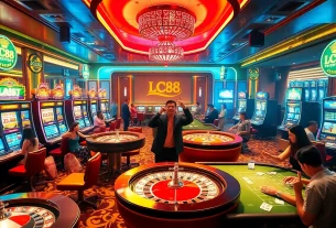 Exciting gambling scene at LC88 casino with players enjoying slot machines and roulette.