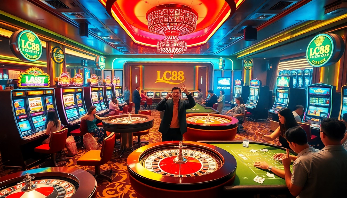 Exciting gambling scene at LC88 casino with players enjoying slot machines and roulette.