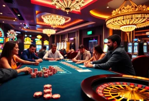 Players enjoying a thrilling poker game at TR88 casino, surrounded by vibrant slot machines.