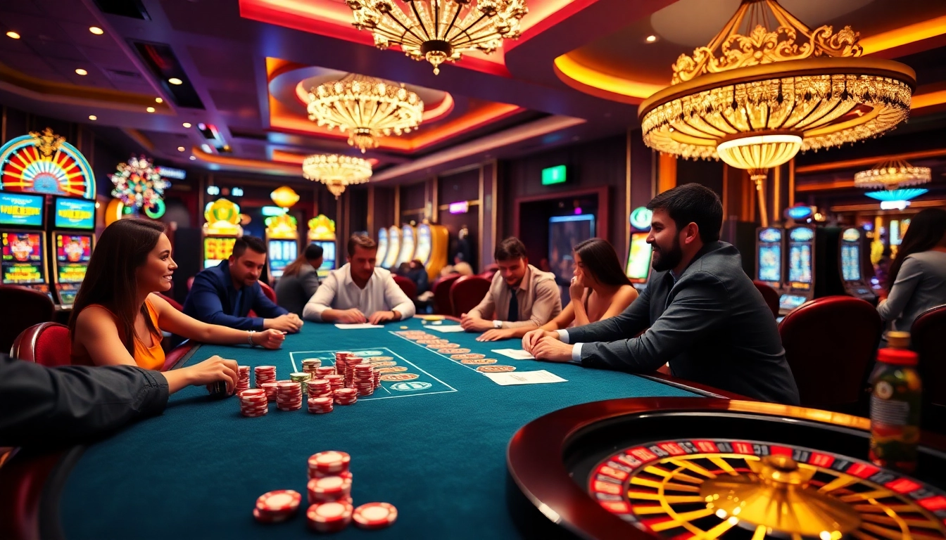 Players enjoying a thrilling poker game at TR88 casino, surrounded by vibrant slot machines.