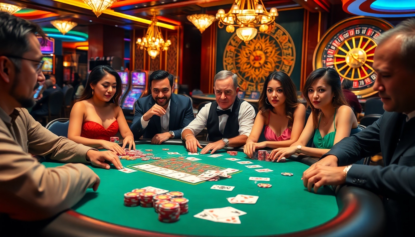 Players engaging in thrilling casino games at https://da88.cash/ with chips and cards showcasing high stakes.