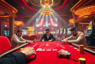Experience high-stakes action and excitement at https://sky88.at/ with poker tables surrounded by vibrant casino elements.