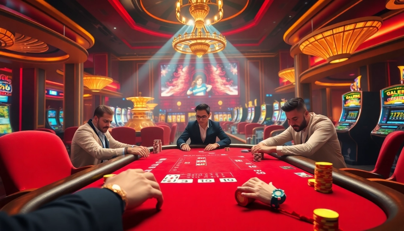 Experience high-stakes action and excitement at https://sky88.at/ with poker tables surrounded by vibrant casino elements.