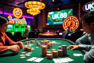 Experience the excitement of poker at UK88's premier gaming table, showcasing vibrant chips and cards.