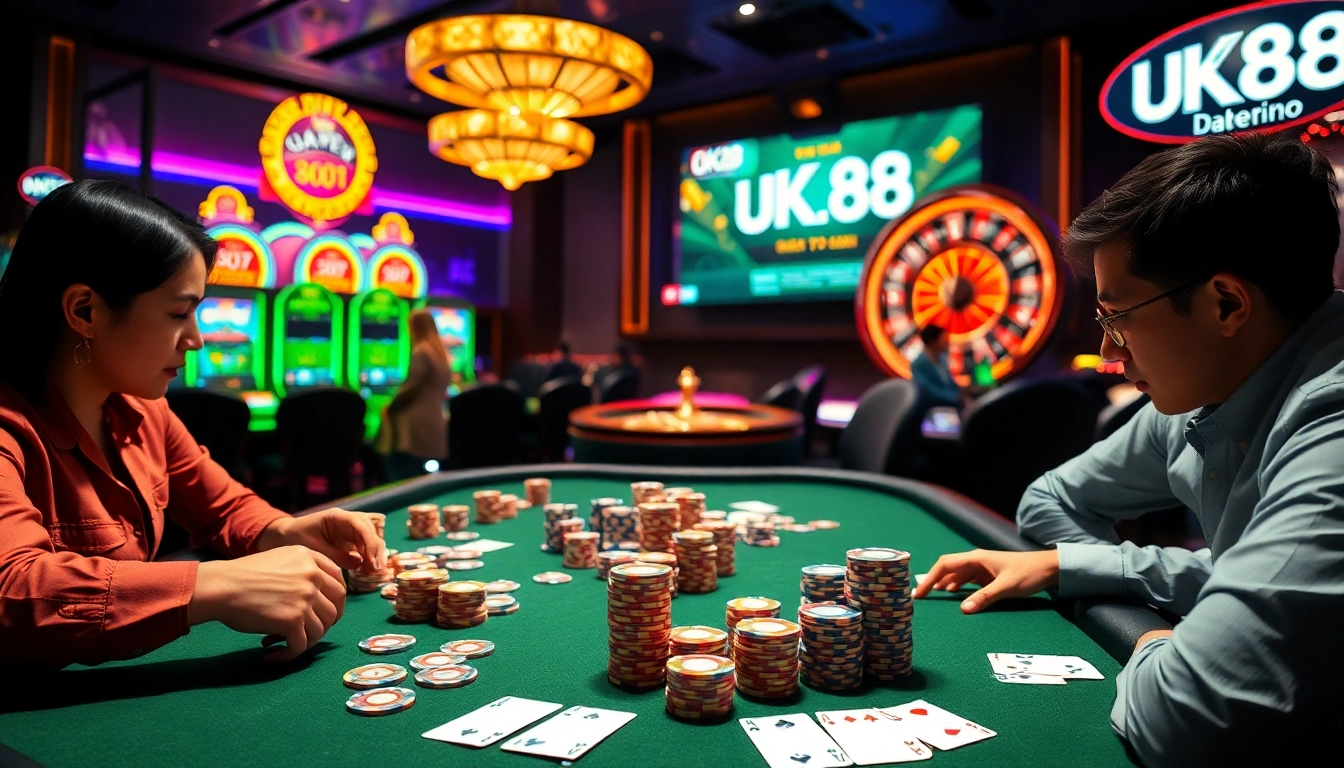 Experience the excitement of poker at UK88's premier gaming table, showcasing vibrant chips and cards.