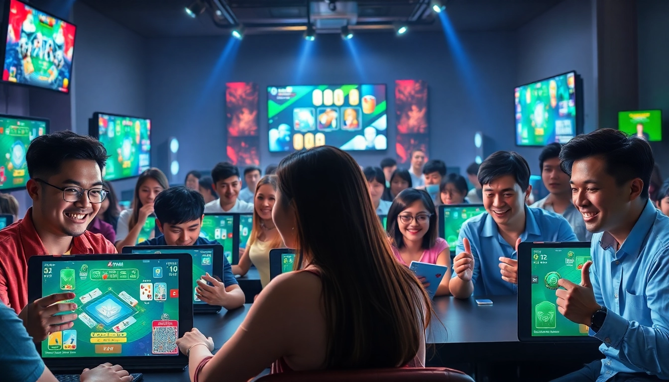 Interactive scene from gamebaidoithuong.com.vc showcasing popular online card games.