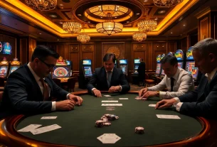 Players engaging in intense poker action at a casino table featuring the UU88 online gambling platform.