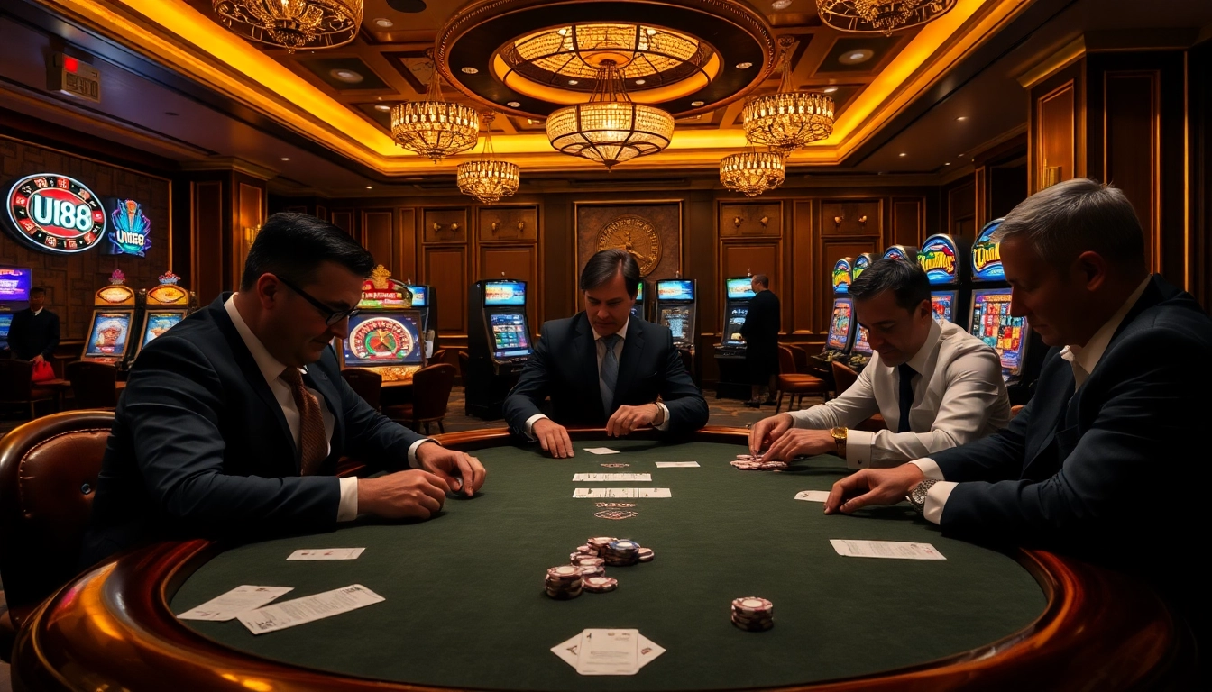 Players engaging in intense poker action at a casino table featuring the UU88 online gambling platform.