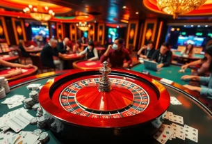 Engaged players winning at LODE88 online casino with roulette and poker chips.