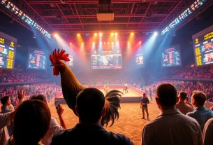 Daga live betting scene showcasing thrilling cockfighting at dagawin.live with dynamic digital displays.