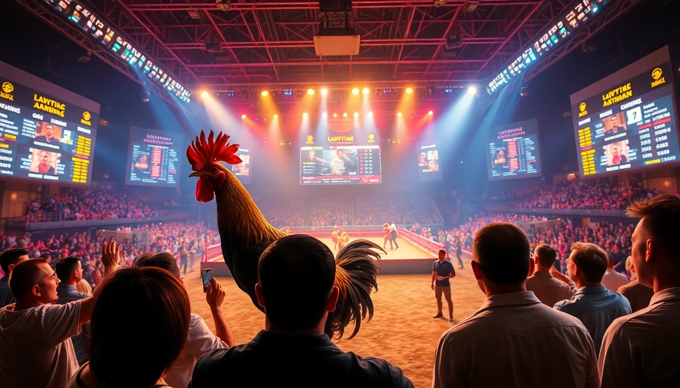 Daga live betting scene showcasing thrilling cockfighting at dagawin.live with dynamic digital displays.